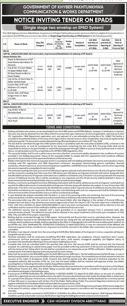 Newspaper clipping: Khyber Pakhtunkhwa C&W Highway Division Abbottabad — Tender Notice for BT Road Improvement (e-PAADS), Daily Aaj, 13 Jul 2026