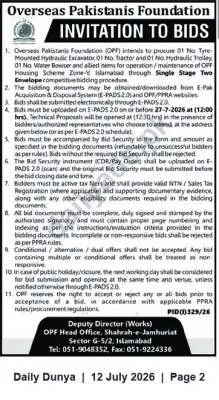 Newspaper clipping: OPF Invitation to Bids for Excavator, Tractor, Hydraulic Trolley and Water Bowser for Zone-V Islamabad, Dunya, 12 Jul 2026
