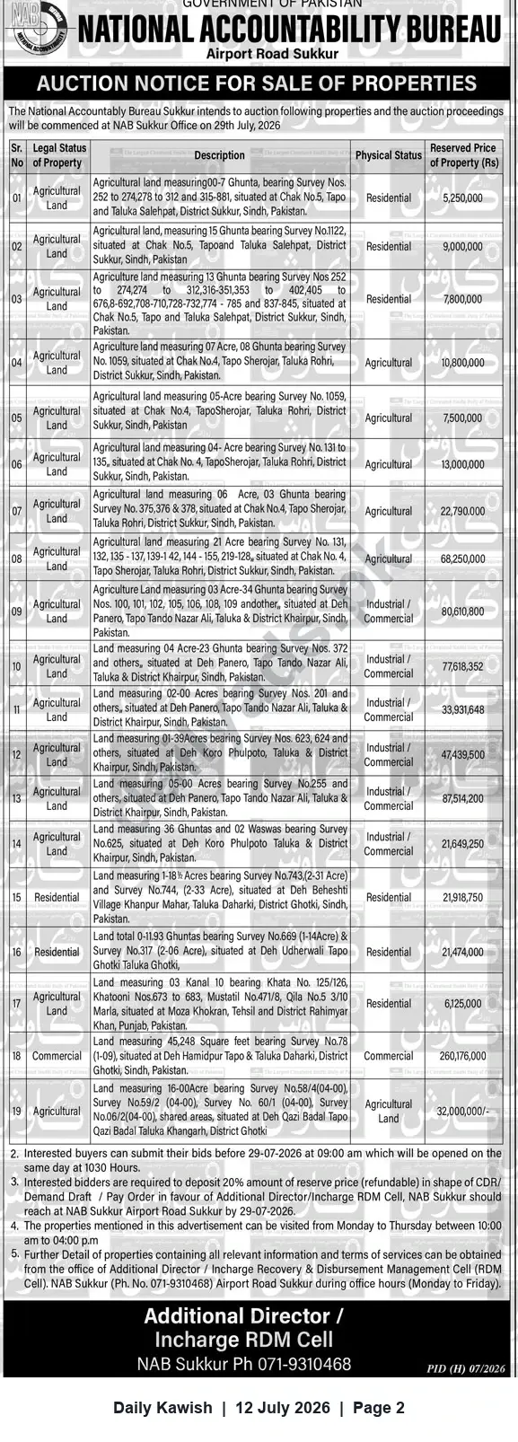 Newspaper clipping: NAB Sukkur Auction Notice for Sale of 19 Properties — 29 July 2026, Daily Kawish, 12 Jul 2026