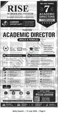 Newspaper clipping: Hiring: Academic Directors (7) — Rise Schooling System, Daily Kawish, Sunday, 12 July 2026