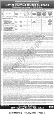 Newspaper clipping: Khyber Pakhtunkhwa C&W Department — Notice Inviting Tender on ePADS (Highway Division Abbottabad), Daily Mashriq, 12 Jul 2026