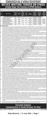 Newspaper clipping: Tender Notice: C&W Division Torghar — Road Construction, Improvement & Rehabilitation Works (EPAD System), Daily Mashriq, 12 Jul 2026
