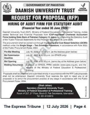Newspaper clipping: Daanish University Trust RFP: Hiring of Audit Firm for Statutory Audit (FY ended 30 June 2026), The Express Tribune, 12 Jul 2026