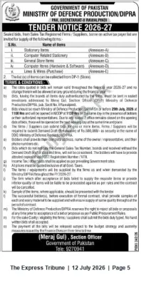Newspaper clipping: Ministry of Defence Production (DIPRA) Tender Notice 2026-27 for Stationery, IT, General Stores & Related Items, The Express Tribune, 12 Jul 2026