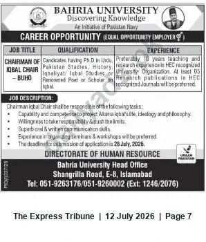 Newspaper clipping: Bahria University — Chairman Iqbal Chair (BUHO) Vacancy, The Express Tribune, 12 Jul 2026