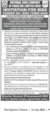 Newspaper clipping: NGCP Invitation for Bids: Civil Works, Erection, Testing & Commissioning at Nowshera Industrial and Sheikh Muhammad Grid Stations (Tender NOC-138W2-2026), The Express Tribune, 12 Jul 2026