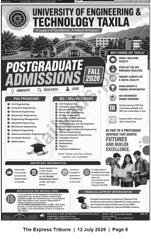 Newspaper clipping: UET Taxila Postgraduate Admissions Fall 2026 — PhD & MS/MSc Programs, The Express Tribune, 12 Jul 2026