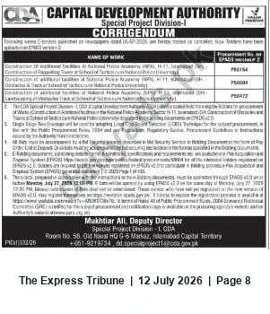 Newspaper clipping: CDA Corrigendum — Special Projects Division-I: Partial Cancellation and Re-invitation of Tenders (Published 2025-07-06), The Express Tribune, 12 Jul 2026