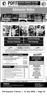Newspaper clipping: POFIT Wah Cantt – DAE (Evening) Admissions 2026–27, The Express Tribune, 12 Jul 2026