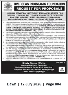 Newspaper clipping: OPF Invites Open Proposals for Independent Transaction Advisor — Urban Enclave Portfolios, Dawn, 12 Jul 2026