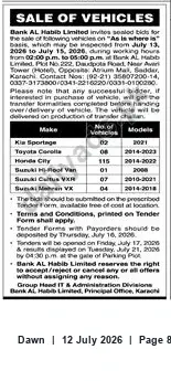 Newspaper clipping: Bank AL Habib Limited — Sale of Vehicles (Sealed Bids), Dawn, 12 Jul 2026