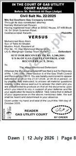 Newspaper clipping: Gas Utility Court Recovery Notice — Sui Southern Gas Company vs Muhammad Noor Khan (Karachi), Dawn, 12 Jul 2026