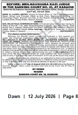 Newspaper clipping: Banking Court No. III, Karachi — Before Mrs. Haushaba Kazi, Judge, Dawn, 12 Jul 2026