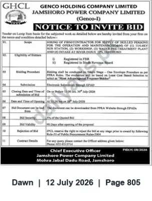 Newspaper clipping: Jamshoro Power Company Limited — Invitation to Bid for Supply of Skilled Personnel, Dawn, 12 Jul 2026