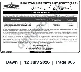 Newspaper clipping: Pakistan Airports Authority Tender for External HV/LV Electrical Distribution Works, Dawn, 12 Jul 2026