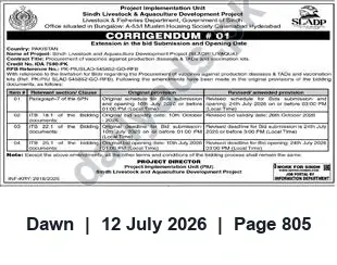 Newspaper clipping: Corrigendum: Bid Submission Extension — Sindh Livestock & Aquaculture Development Project (SLADP), Dawn, 12 Jul 2026