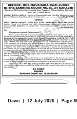Newspaper clipping: Banking Court-II Karachi: Public Notice in Recovery Suit, Dawn, 12 Jul 2026