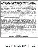 Newspaper clipping: Proceedings Before Mrs. Haushaba Kazi — Banking Court No. III, Karachi, Dawn, 12 Jul 2026