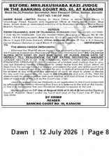 Newspaper clipping: Banking Court No. III — Mrs. Haushaba Kazi, Judge (Karachi), Dawn, 12 Jul 2026