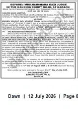 Newspaper clipping: Banking Court Notice — Mrs. Haushaba Kazi, Karachi, Dawn, 12 Jul 2026