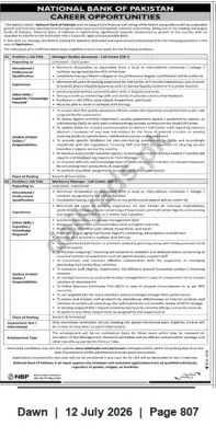 Newspaper clipping: National Bank of Pakistan — Careers: Manager Quality Assurance (Call Center) & Call Center Officer, Dawn, 12 Jul 2026