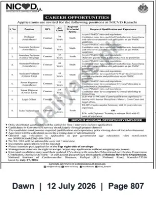 Newspaper clipping: NICVD Karachi — Faculty, Clinical and Technical Job Opportunities, Dawn, 12 Jul 2026