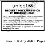 Newspaper clipping: UNICEF Request for Expression of Interest (REOI), Dawn, 12 Jul 2026