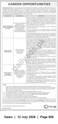 Newspaper clipping: Career Opportunities at Leading Public Sector Utility Company — Deputy MD, CFO & Senior General Manager (Legal & AQC), Dawn, 12 Jul 2026