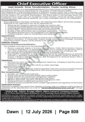 Newspaper clipping: Chief Executive Officer Vacancy — Alpha Insurance Company Limited, Dawn, 12 Jul 2026