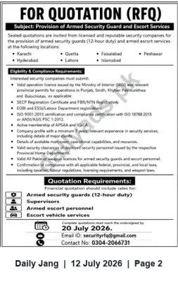 Newspaper clipping: RFQ: Provision of Armed Security Guards and Escort Services, Jang, 12 Jul 2026