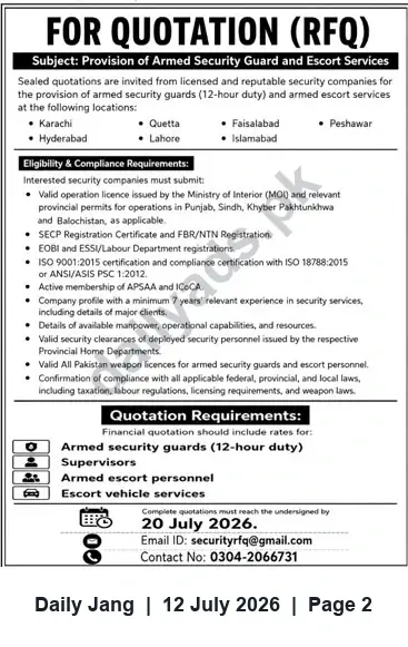 Newspaper clipping: RFQ: Provision of Armed Security Guards and Escort Services, Jang, 12 Jul 2026