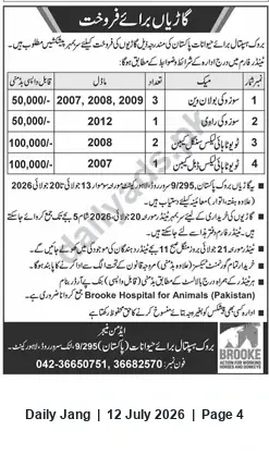 Newspaper clipping: Brooke Hospital for Animals (Pakistan) — Cattle for Sale, Jang, 12 Jul 2026