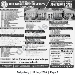 Newspaper clipping: Admissions Open — Postgraduate (Fall 2026) at Pir Mehr Ali Shah Arid Agriculture University, Rawalpindi, Jang, 12 Jul 2026