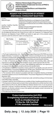 Newspaper clipping: PMD (IFRAP) Seeks Financial Management Specialist (Individual Consultant) — EOIs Invited, Jang, 12 Jul 2026