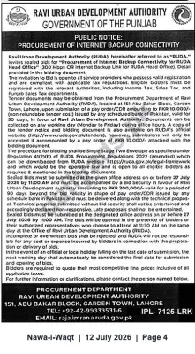 Newspaper clipping: RUDA Tender: 300 Mbps Internet Backup Connectivity for RUDA Head Office, Nawa-i-Waqt, 12 Jul 2026