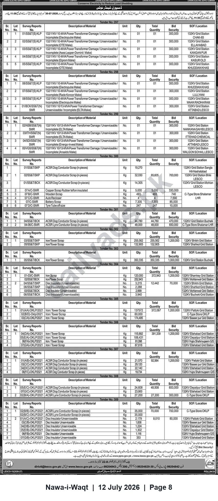 Newspaper clipping: LESCO Tender Sale: Unserviceable Transformers & Electrical Scrap (Tender Nos. 297–309), Nawa-i-Waqt, 12 Jul 2026
