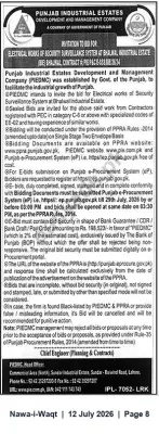 Newspaper clipping: Tender: Electrical Security Surveillance System at Bhalwal Industrial Estate (PIEDMC), Nawa-i-Waqt, 12 Jul 2026