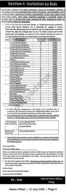 Newspaper clipping: District Police Officer Jhang Invites E-Bids for Framework Supply & Repair Contracts, Nawa-i-Waqt, 12 Jul 2026
