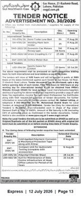 Newspaper clipping: Sui Northern Gas (SNGPL) Tender Notice — Advertisement No. 30/2026 (Various Equipment & Supplies), Express, 12 Jul 2026
