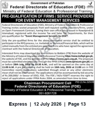 Newspaper clipping: FDE Pre-Qualification — Event Management Firms (Open Framework Contract, Islamabad), Express, 12 Jul 2026