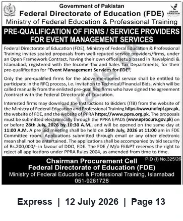Newspaper clipping: FDE Pre-Qualification — Event Management Firms (Open Framework Contract, Islamabad), Express, 12 Jul 2026