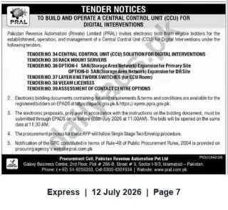 Newspaper clipping: PRAL Tender: Build and Operate Central Control Unit (CCU) for Digital Interventions, Express, 12 Jul 2026