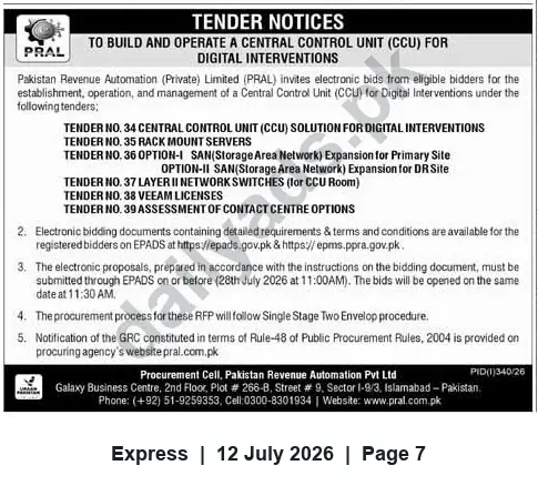 Newspaper clipping: PRAL Tender: Build and Operate Central Control Unit (CCU) for Digital Interventions, Express, 12 Jul 2026