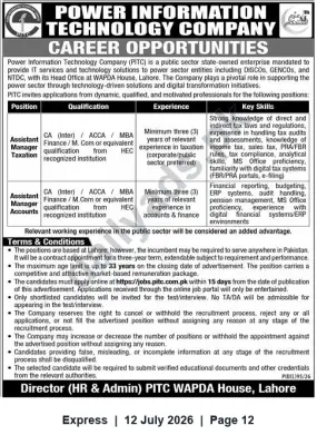 Newspaper clipping: PITC Career Opportunities — Assistant Manager (Taxation & Accounts), Express, 12 Jul 2026