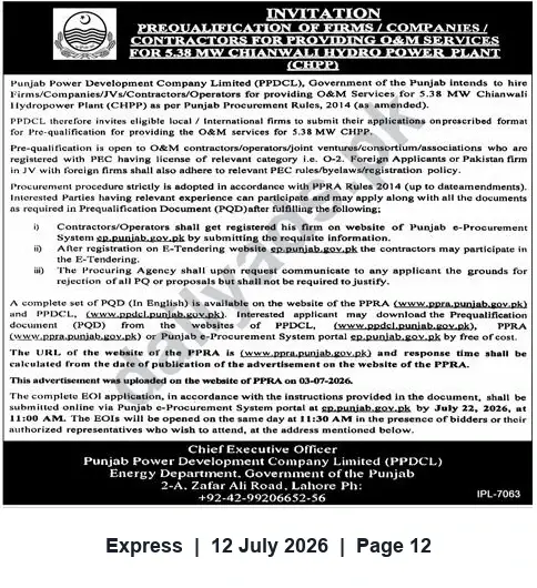 Newspaper clipping: PPDCL Prequalification: O&M Services for 5.38 MW Chianwali Hydropower Plant, Express, 12 Jul 2026