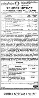Newspaper clipping: Sui Northern Gas Pipelines Ltd. Tender Notice — Advertisement No. 30/2026, Express, 12 Jul 2026