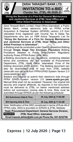 Newspaper clipping: ZTBL Tender for General Maintenance & Janitorial Services at Head Office, Islamabad, Express, 12 Jul 2026