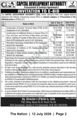 Newspaper clipping: CDA E-Bids Invited for Construction and Renovation Works at FIA Headquarters, G-9/4 Islamabad, The Nation, 12 Jul 2026