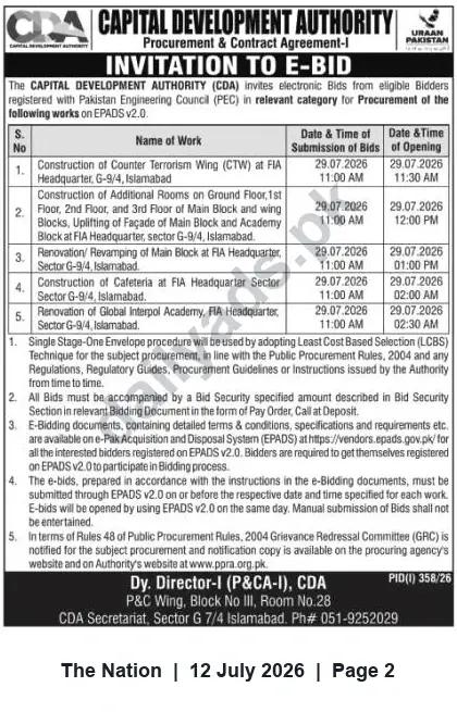Newspaper clipping: CDA E-Bids Invited for Construction and Renovation Works at FIA Headquarters, G-9/4 Islamabad, The Nation, 12 Jul 2026