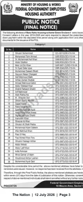 Newspaper clipping: FGEHA Final Notice: Allottees of Bara Kahu Green Enclave-I Must Pay Prescribed Down Payment, The Nation, 12 Jul 2026